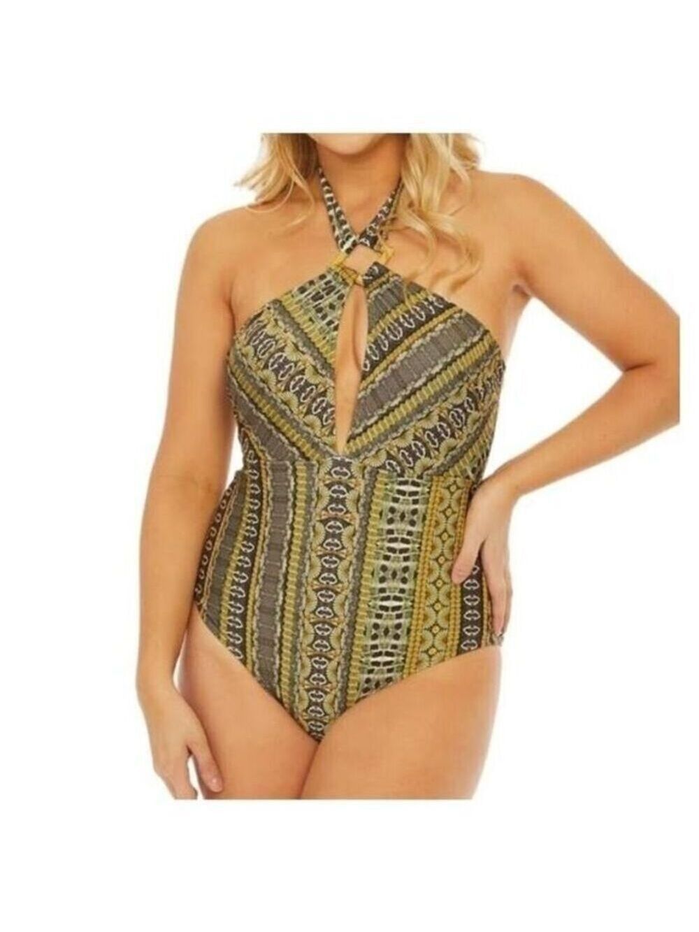 NICOLLE Miller Gold Geometric Cutout Halter Onepie